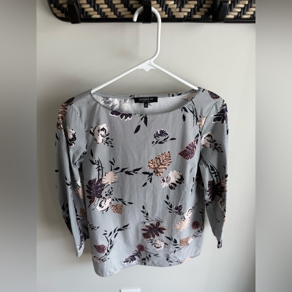 Lafayette 148 New York Stretch Cotton Caddie Blouse - Stripes/Floral - Size 4 - Picture 2 of 11